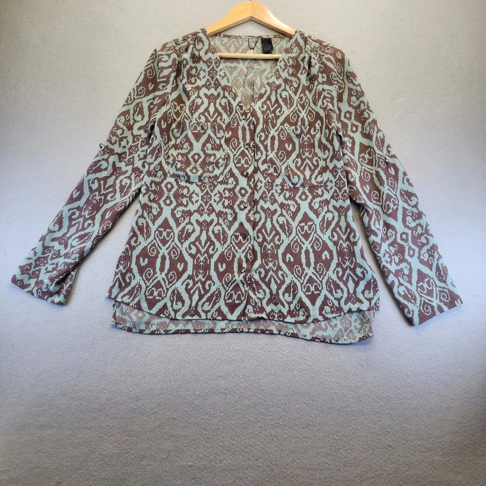 BKE Boutique Brown Mint‎ Ikat Button Down Blouse Roll Tab Sleeve Small Boho Top